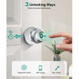Fingerprint Door Lock, Smart Fingerprint Door Knob with Lock, Biometric Door Lock with App Control & Key, Keyless Thumbprint Entry Door Lock for Bedroom, Front Door, Home and Garages-Polished Silver
