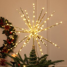 Obralitic 15 Inch Christmas Tree Star Topper with 150 LED Timer Lights & Remote, 19-Point USB Powered Lighted Gold Starburst Star Tree Topper for Indoor Holiday Party Xmas Tree Decor