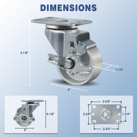 CWfutureparts 3" Caster Wheels Heavy Duty 1400 lbs，Swivel Casters Set of 4, Industrial Plate Casters, Semi Steel Cast Iron Wheels for Furniture,Workbench (4 Brakes)