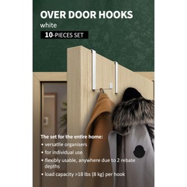 Menz Stahlwaren Over Door Hanger – Set of 10 - White Coat Hooks for Door 1.4" and 1.6" - Over Door Hook for Hanging Clothes, Door Hooks