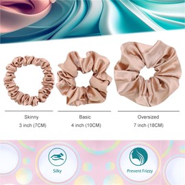 12 Pcs Mix 3 Sizes Satin Silk Scrunchies Hair Ties for Women Girls Bracelets Ponytail Holder Hair Bands Elastic Ropes Hair Bun Accessories (3 Sizes Bundle 12Pcs-Natural)