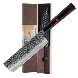 KONOLL Kitchen Knives 7 Inch Nakiri Knife 3 layer 9CR18MOV clad steel hammered with wooden handle for Home and Restaurant