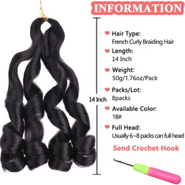 Xtrend 14 Inch Pre Stretched Curly Braiding Hair 8 Packs French Curly Braiding Hair Yaki Texture Synthetic Box Braids Braiding Hair For Women Nature Black Hair Extensions French Curls Braids（14Inch，1B#)
