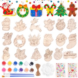Pack of 52 Christmas Crafts Wood, Wooden Pendants for Painting, Christmas, DIY Christmas Decoration, Wood, Crafts with Wood for Children, Coloured Brush, for DIY Children Painting Decoration