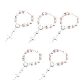 Floatdream Pack of 5 Cross Christian Rosary Bracelets, Cross Christian Bracelets, Cross Bead Bracelets, for Birthdays, Confirmations, Communions, Christenings, Parties (Pink)