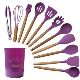 Silicone Kitchen Tool Set, 12 Pieces, Spoons, Spatulas, Tongs (Purple)