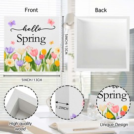 Hello Spring Desk Decorations Wooden Sign Spring Home Decor Sign Spring Flower Decorations for Home Spring Farmhouse Home Decor Spring Home Gifts 5 x 5 Inches