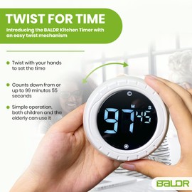 Baldr Kitchen Timer - Smart Countdown/Count Up Digital Timer with Rotating Desk Display, Quiet & Beeping Alerts, Strong Magnetic Backing - for Kitchen & Classroom (White)