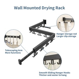 JOOM Clothes Drying Rack Wall Mounted,Folding Clothes Drying Rack,Retractable,Collapsible(Tri-Fold,Upgrade Hook),Wall Mounted Drying Rack for Laundry Balcony Bathroom (Black)