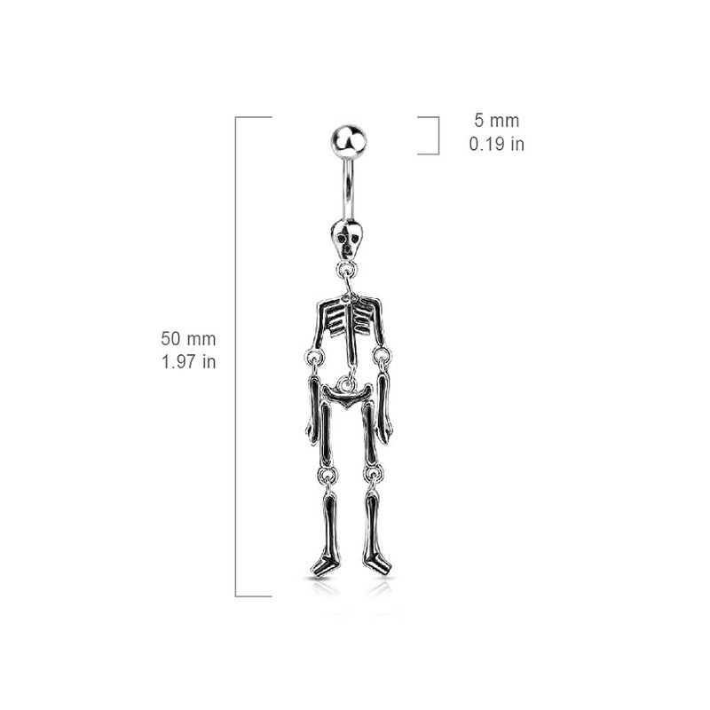 Pierced Owl 14GA Stainless Steel Skeleton Dangling Belly Ring (Black)