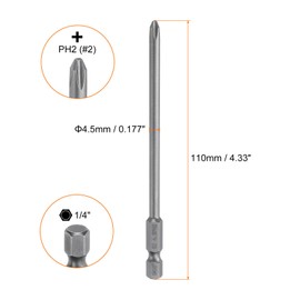 HARFINGTON #2 Phillips Screwdriver Bit PH2 1/4" Hex Shank 4.33" (110mm) Long Magnetic S2 Steel Industrial Grade Screw Driver Bit Cross Head Electric Drill Bits 0.177" (4.5mm) Rod