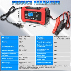 JESTMOTOR 6-Amp Battery Charger, 12V 24V Automatic Smart Car Charger, Battery Maintainer Trickle Charger and Battery Desulfator with Temperature Compensation