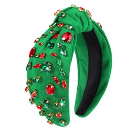 NVENF Rhinestone Knotted Headbands for Women, Crystal Beaded Jeweled Headbands, Top Knot Headbands Womens Fashion Hairbands Summer Hair Accessories (B-Christmas Green)