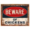 Wood-Framed Beware of Chickens Metal Sign for Decorating Coop, Farm,