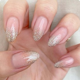 IMSOHOT Press on Nails Medium Almond Fake Nails Glossy Golden Glitter Gradient False Nails Nude Pink Full Cover Acrylic Artificial Reusable Glue Stick on Nails 24Pcs