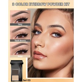 Eyebrow Powder Makeup Kit, 3 in 1 Eyebrow Kit, Brow Powder Palette Waterproof Long-Lasting, Grey Brown Beige Brow Filler, Fill & Sculpt Full Eyebrow Kit for Women, With Mirror, Brush & Razor Set 03