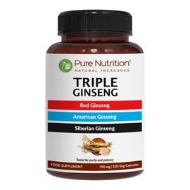 Pure Nutrition Triple Ginseng - A Unique and Effective Combination of Red Ginseng, American Ginseng, and Siberian Ginseng | Energy Supplement | 790mg Capsule | 120 Veg Capsules