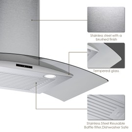 SOONYE 30 Inch Wall Mounted Curved Glass Range Hood with 450 CFM Stainless Steel kitchen Ductless/Ducted Convertible with 3 Speeds Extract Fan & Touch Control