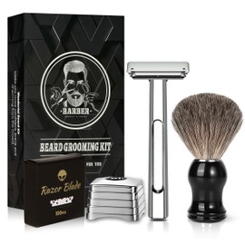 Dual-Blade Safety Razor Set With Magnetic Head & 110 Blades, Shave Brush & Razor Stand - Precision Shaving, Reusable & Plastic-Free Shaver, for Beard, Head, Leg Shaving for Men Women - Pro Max Silver