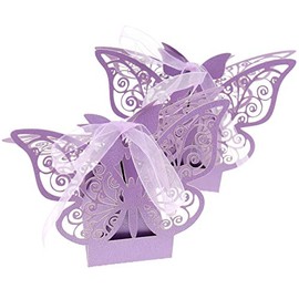 Auto-plaza 50 Pieces Butterfly Laser Cut Favor Boxes DIY Wedding Birthday Gift Candy Boxes with Ribbons (Purple)