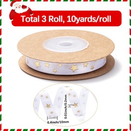 CABODYALS 3 Rolls 30 Yards 3/8 Inch Star Print Ribbon White Gold Stars Christmas Ribbon Polyester Pentagram Printed Thin Satin Ribbons with Spool for Sewing Making Craft Gift Wrapping Decor Diy Supply