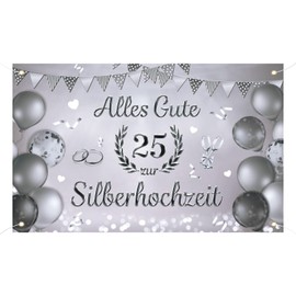 Silver Wedding Decoration Banner 180 x 110 cm Happy Silver Wedding Party Banner 25th Wedding Anniversary Garland Polyester Hanging Decoration for Silver Wedding 25th Anniversary 25th Wedding