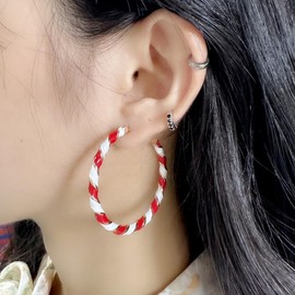 Colorful Candy Hoop Earrings for Women Girls Gold Plated Big Twisted Diagonal Striped Christmas Statement Dangle Drop Huggie Open Hoops Earring Fashion Lightweight Easter Holiday Ornament Jewelry (White Red)