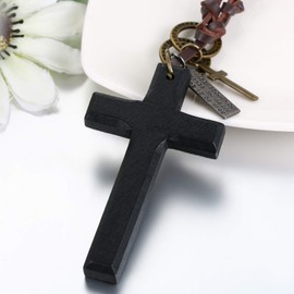 JewelryWe 2PCS Vintage Wood Cross Pendant Leather Cord Necklaces for Men Women,Adjustable