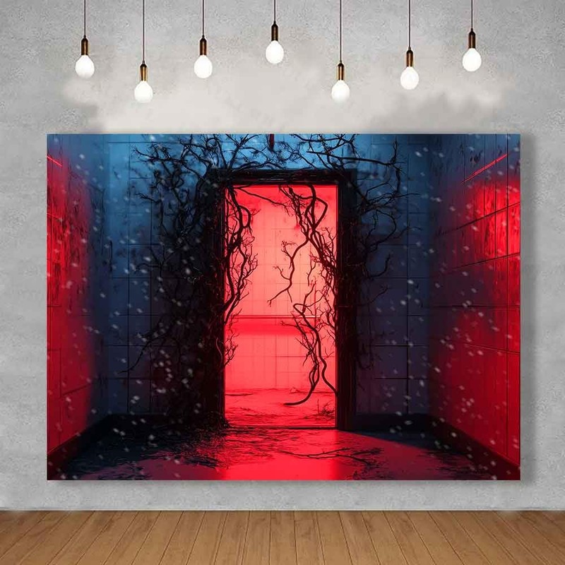 KUKUSOUL 7x5FT Halloween Backdrop Horror Forest Red Door Backdrop Upside