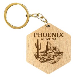 R and R Imports Phoenix Arizona Souvenir 2” Engraved Wooden Hexagon Keychain 2-Pack