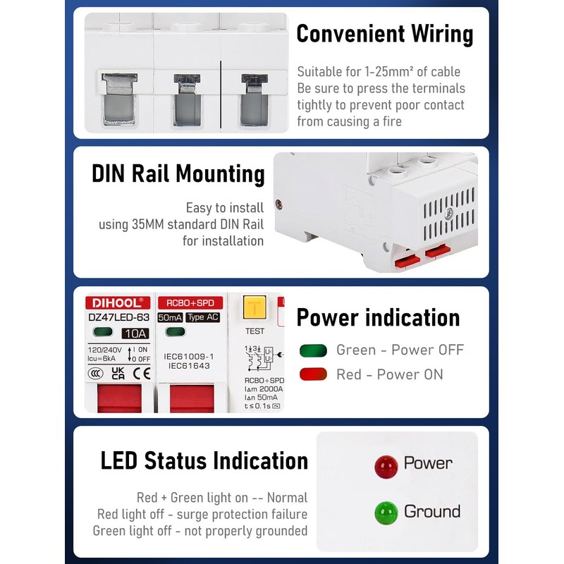 DIHOOL Ground Fault Circuit Breaker with Voltage Surge Arrester Protection,