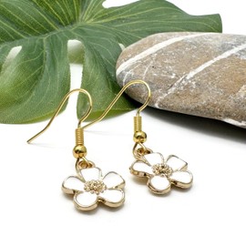 White Flower Earrings, Enamel Daisy Charm Beads on Nickel Free Gold Tone Hooks : 33mm long, Cute Floral Drop Earrings, Pretty Gift for Women