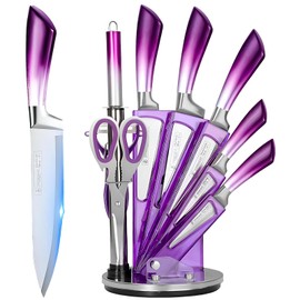 Kitchen Knife Set, 9-Piece Professional Kitchen Knives Set with Acrylic Block, Sharp Stainless Steel Chef Knife Set with Sharpener for Kitchen Cutting Kitchen, Presents for Women (Purple)