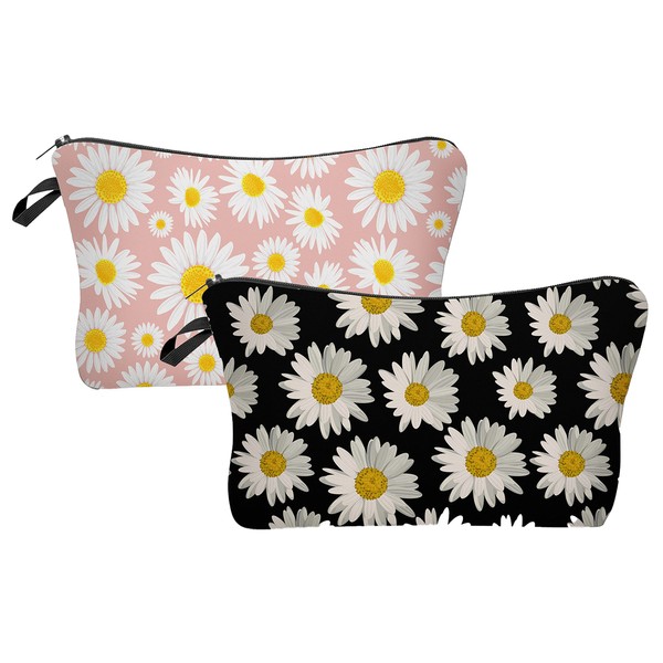 Borsun 2 Pcs Cosmetic Bag for Women Small Make Up Bag Waterproof Travel Toiletries Pouch with Zipper for Organizing Small Items, Gift Bags for Birthday Christmas(Daisy Flower 1)