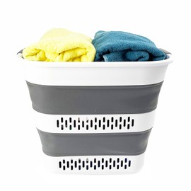 SAMMART 40L (10.5 Gallon) Foldable Plastic Laundry Basket - Collapsible Pop-Up Storage Organizer/Container – Portable Space-Efficient Laundry Hamper (1, White/Steel Grey)