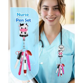 Plifal Nurse Pen Set Badge Reel Holder Accessories Clip - Retractable Mini Nursing Ball Pen Permanent Marker Highlighter Light Penlight Flashlight Scissors Work Student Office Hospital Cow