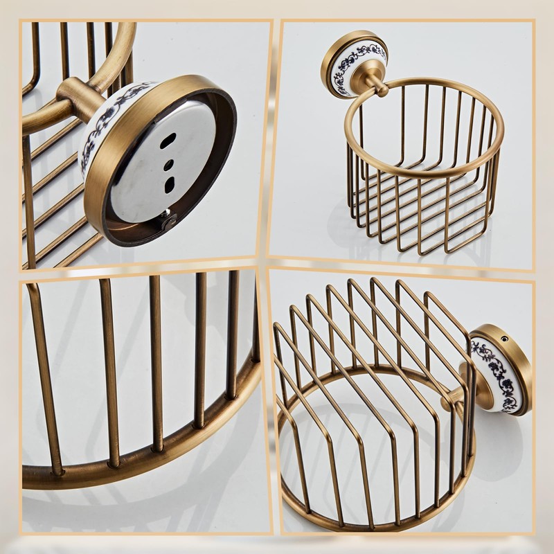 Vintage Wall-Mounted Toilet Paper Holder with Wire Basket Design, Antique