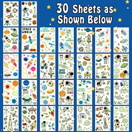 Partywind 290 Styles (30 Sheets) Luminous Space Tattoos for Kids Party Decorations, Glow Outer Space Party Supplies Favors with Astronaut/Rocket/Planet, Kids Games for Glow Party