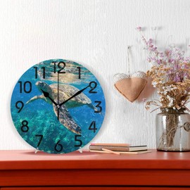Naanle 3D Tropical Underwater Swimming Sea Turtle Print Round Wall Clock, 9.5 Inch Battery Operated Quartz Analog Quiet Desk Clock for Home,Office,School