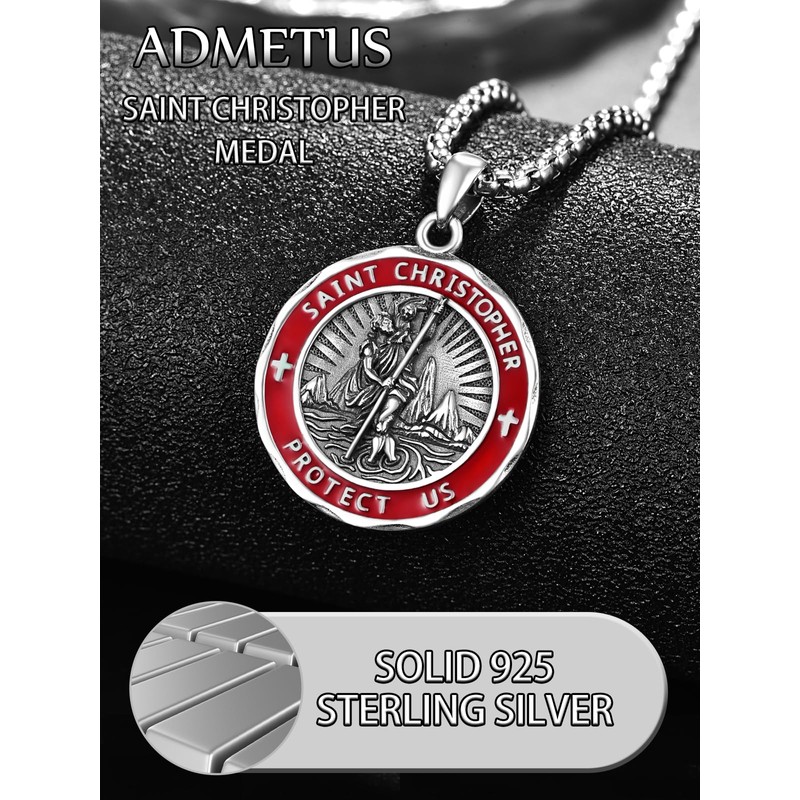 ADMETUS Red St Christopher Necklace Mens Sterling Silver St Christopher