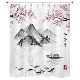 LB Black Grey Mountain Shower Curtain Pink Floral Japanese Fish Shower Curtains for Bathroom Spring Scenery White Polyester Anti Mould Waterproof Small Bath Curtain Set with Hooks,71Lx59W inches