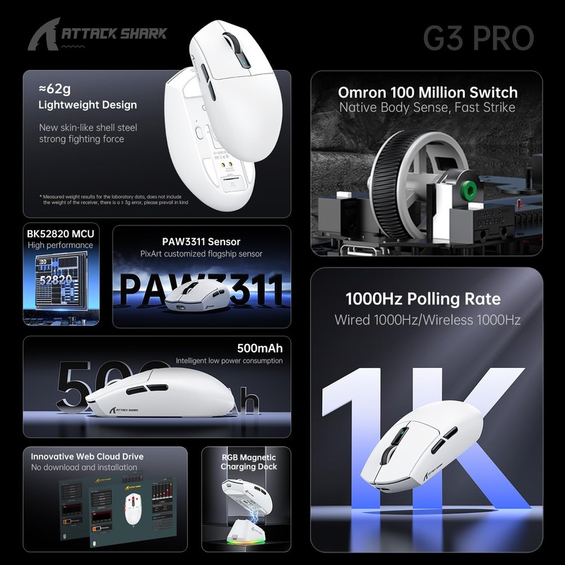 ATTACK SHARK G3PRO Gaming Mouse with Magnetic Charging Station, PixArt