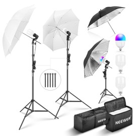 NEEWER 400W Photography Lighting Kit, Incandescent Equivalent Studio Kit, (2) Black Umbrellas, (2) White Umbrellas, (2) 24W LED Light Bulbs, (1) 26W RGB LED Light Bulb, for Photography Lighting, NK501