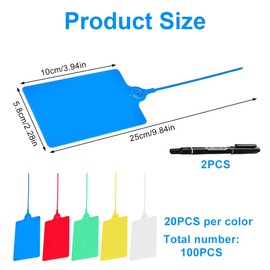 LUFEIS 100Pcs Plastic Tags with Marker Pens, Reusable Blank Cable Tie Labels, Assorted Colors Waterproof Shipping Tags for Labeling Luggage, Self-Locking Zip Ties with Labels for Marking & Organizing