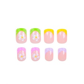 SINHOT Colorful Press on Nails -Short Square Fake Nails Glossy Glue on Nails Rainbow French Tip Acrylic Nail Supplies Squoval Artificial Nail Art Summer Flower False Nails with Design DIY 24 pcs