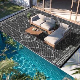 Outdoor Rug 10x14Ft, Waterproof Outdoor Patio Rug for House Deck Reversible Plastic Straw Mat for RV Camping Picnic Beach Balcony (Black Gray)