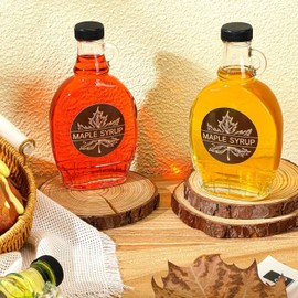 FoldTier 12 Pcs Glass Maple Syrup Bottles Clear Reusable Glass Bottles with Lids Loop Handle and Maple Syrup Stickers Jars Container for Milk Potion Juice Sauce Oil Storage Gift(16oz)