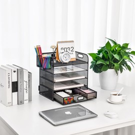 Lavatino 5 Tier Paper Organizer for Desk, Letter Tray with Drawer and 2 Pen Holders, Mesh File Sorter, Desktop Document Shelf Storage Organization Office School Home Black With Drawer