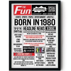 Stuff4 45th Birthday Poster Framed - Born In 1980 Newspaper - Happy 45th Birthday Gifts for Men Women Vintage Retro Back In 1980, 8x10 Inch Forty-Five Forty-Fifth Bday Party Decor Decoration