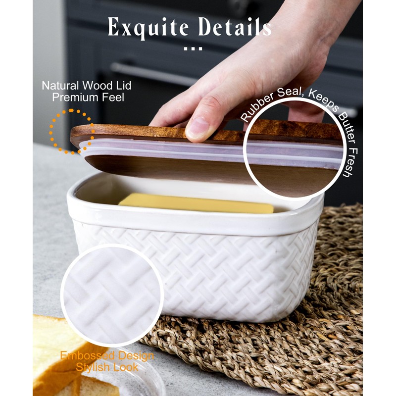 Nucookery Ceramic Butter Dish, Embossed Butter Keeper with Wood Lid